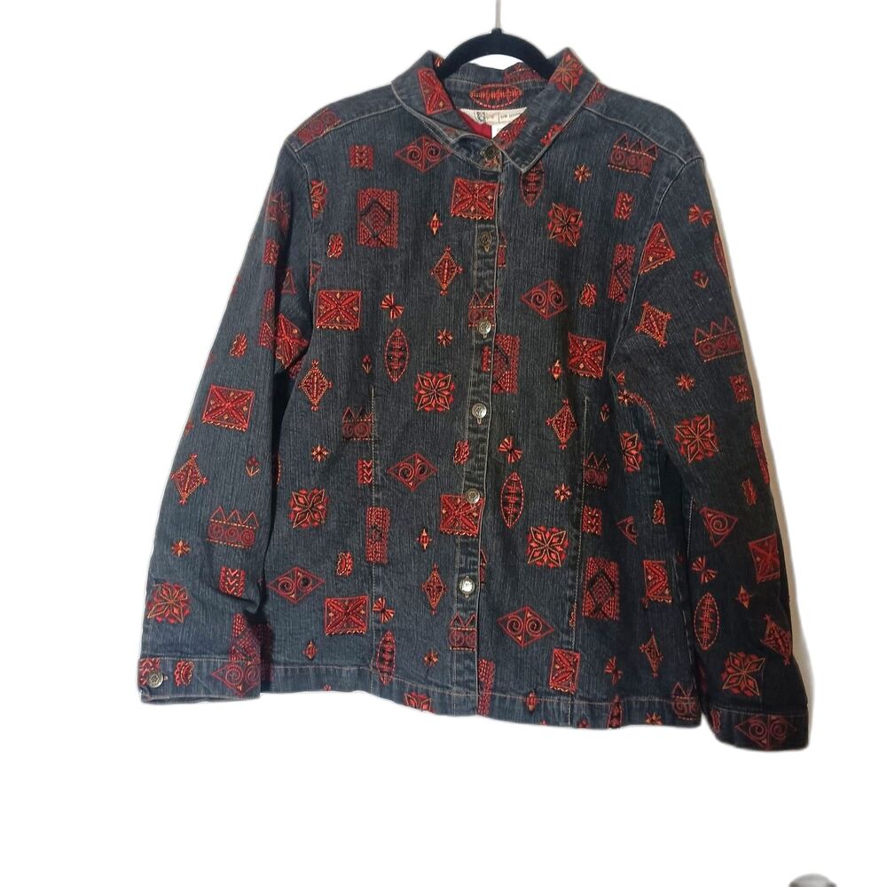 VTG 90s GW Jeans Co Southwestern Embroidered Denim Jacket XL Charcoal Red Boho